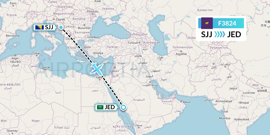 F3824 flydeal Flight Map: Sarajevo to Jeddah