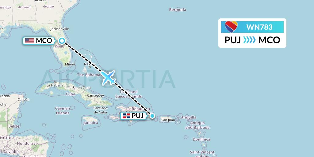 WN783 Southwest Airlines Flight Map: Punta Cana to Orlando