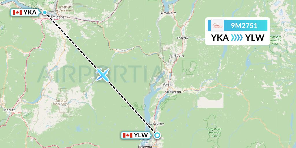 9M2751 Central Mountain Air Flight Map: Kamloops to Kelowna
