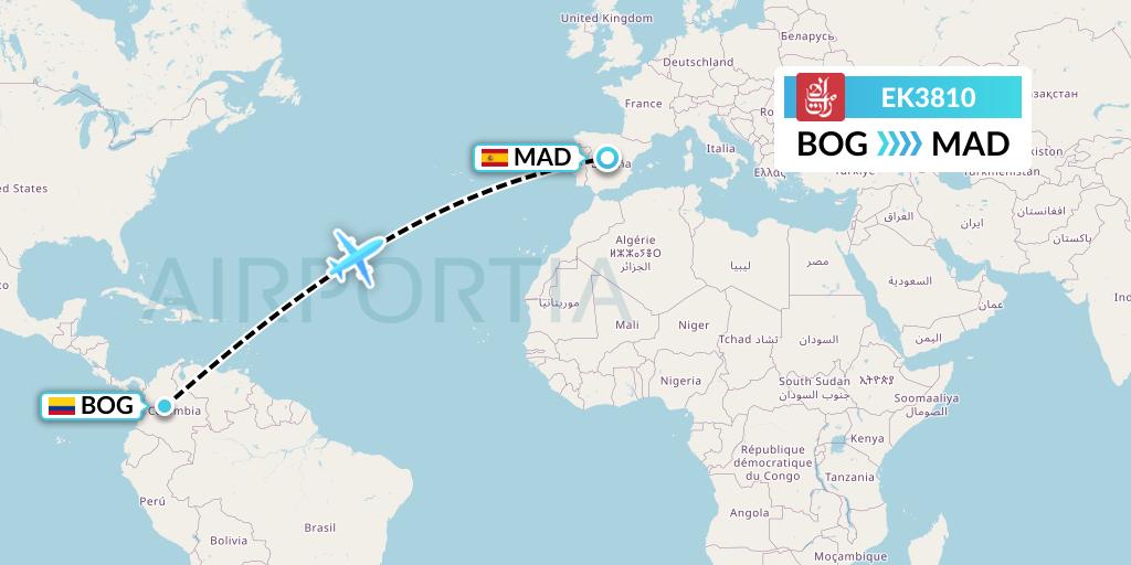 EK3810 Emirates Flight Map: Bogota to Madrid