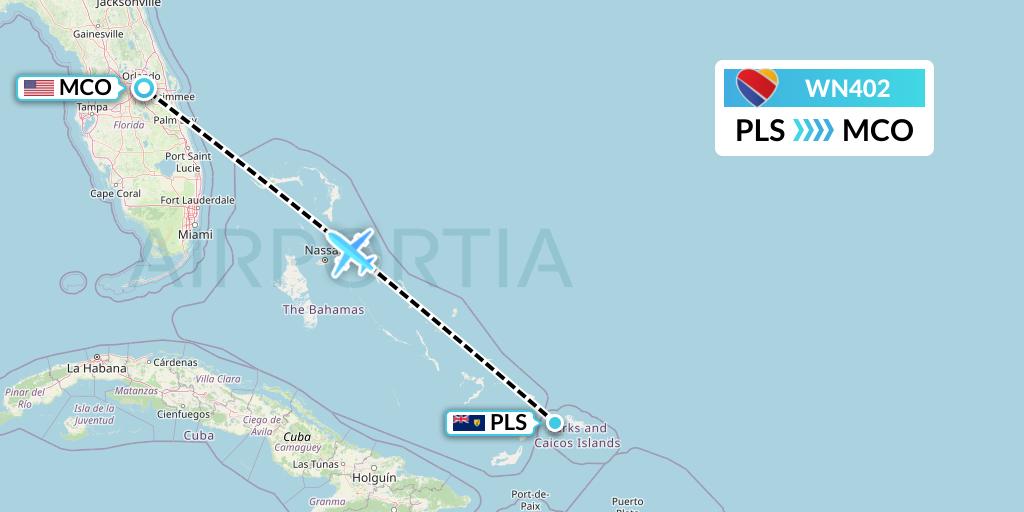 WN402 Southwest Airlines Flight Map: Providenciales to Orlando
