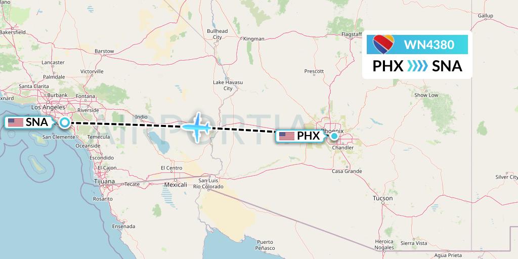 WN4380 Southwest Airlines Flight Map: Phoenix to Orange County