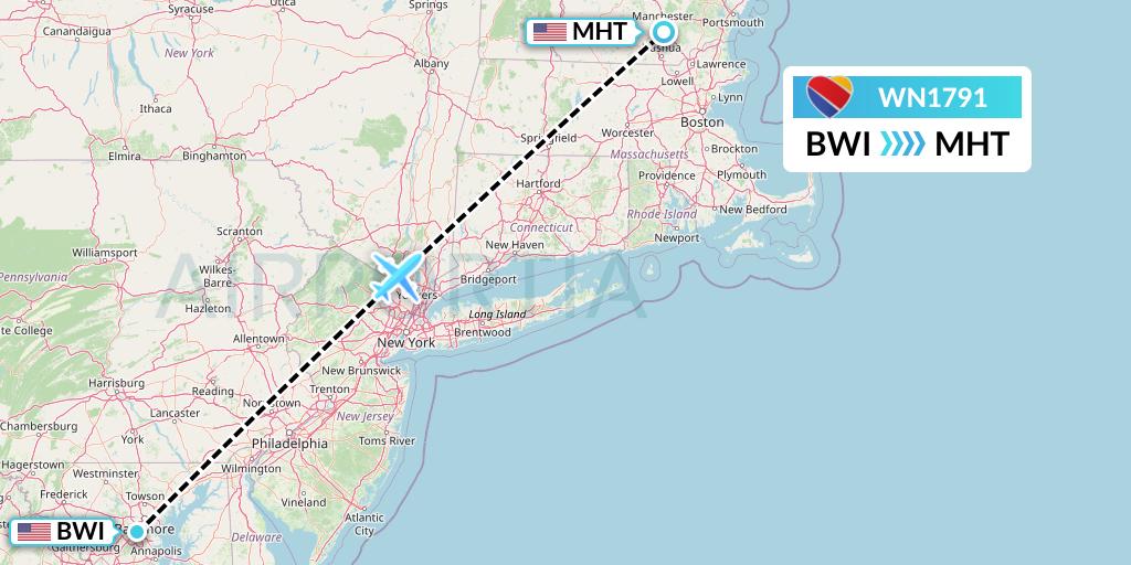 WN1791 Southwest Airlines Flight Map: Baltimore to Manchester