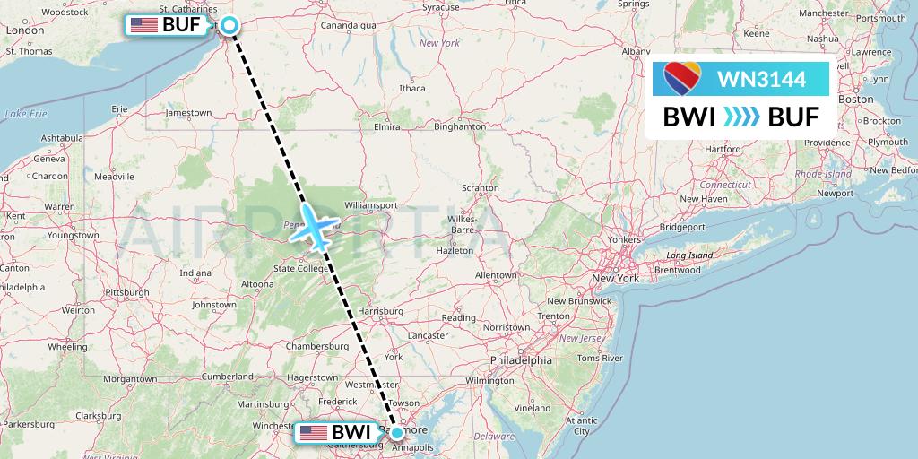 WN3144 Southwest Airlines Flight Map: Baltimore to Buffalo