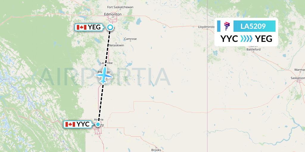 LA5209 LAN Airlines Flight Map: Calgary to Edmonton