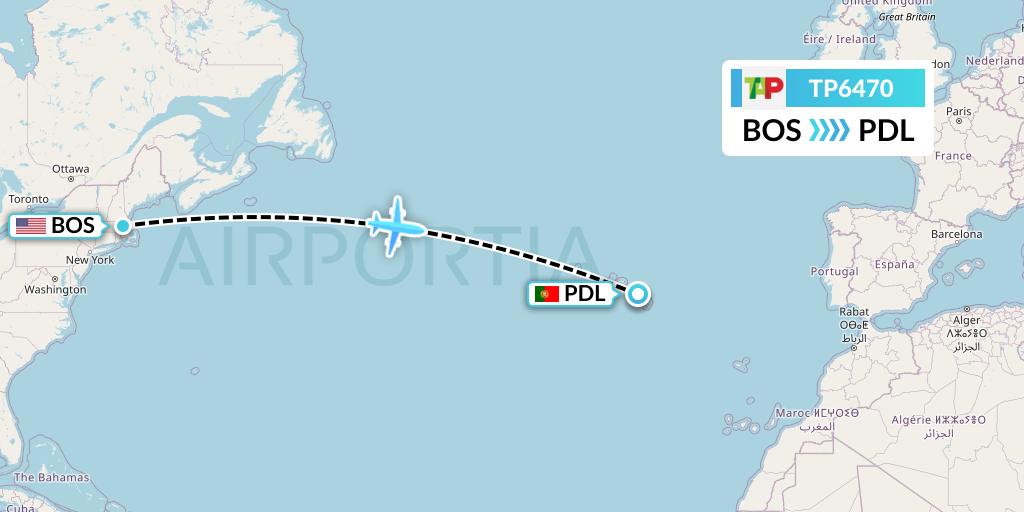 TP6470 TAP Portugal Flight Map: Boston to Ponta Delgada