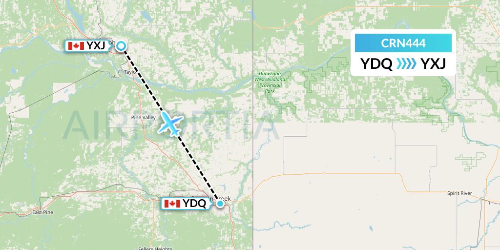 CRN444 Aerocaribbean Flight Map: Dawson Creek to Fort St. John
