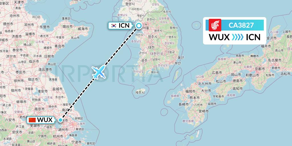 CA3827 Air China Flight Map: Wuxi to Seoul