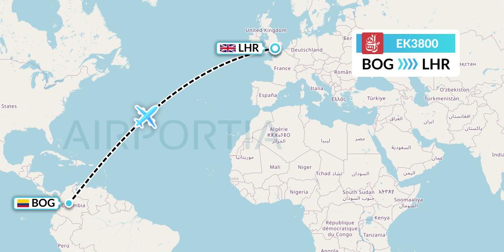 EK3800 Emirates Flight Map: Bogota to London