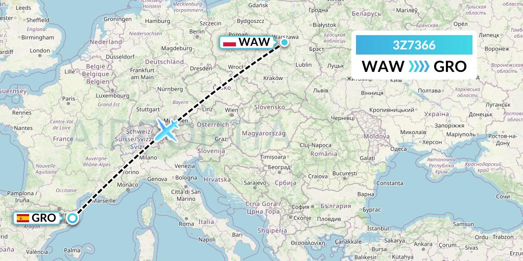 3Z7366 Travel Service Polska Flight Map: Warsaw to Girona