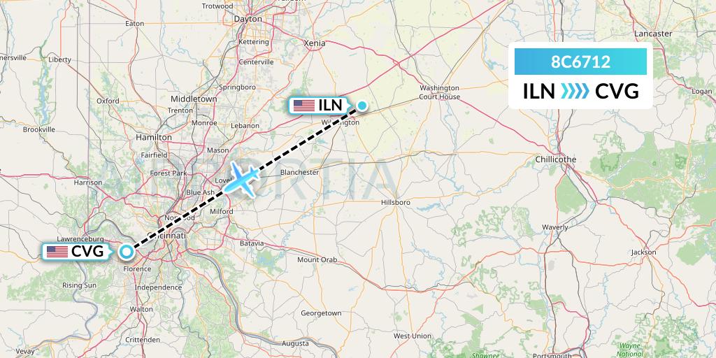 8C6712 Air Transport International Flight Map: Wilmington to Cincinnati