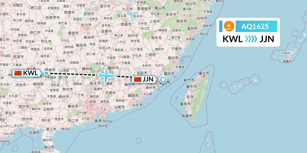 AQ1625 9 Air Flight Map: Guilin to Jinjiang