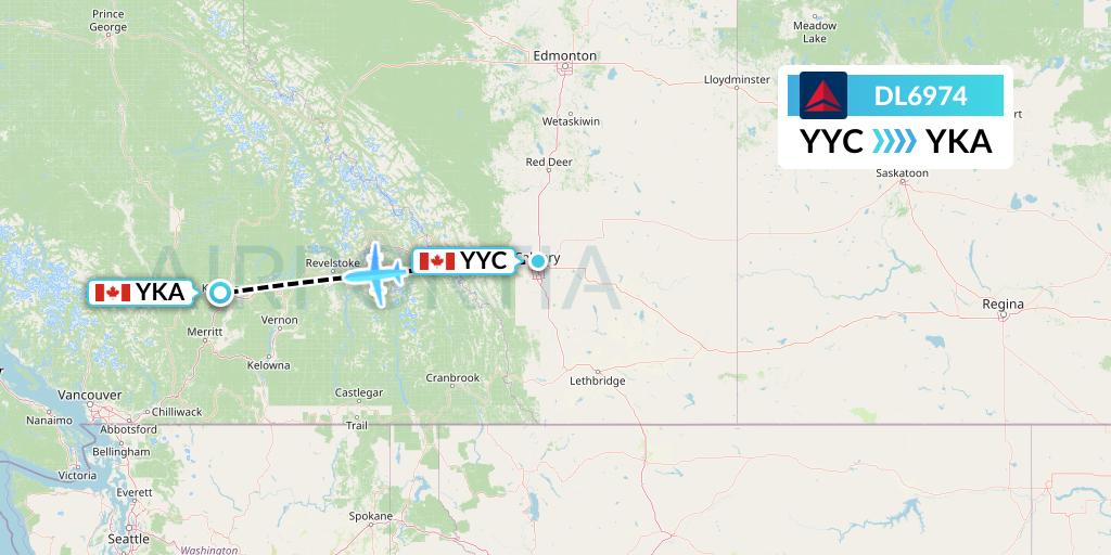 DL6974 Delta Air Lines Flight Map: Calgary to Kamloops