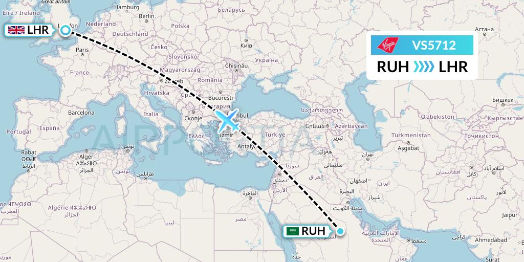 VS5712 Virgin Atlantic Airways Flight Map: Riyadh to London