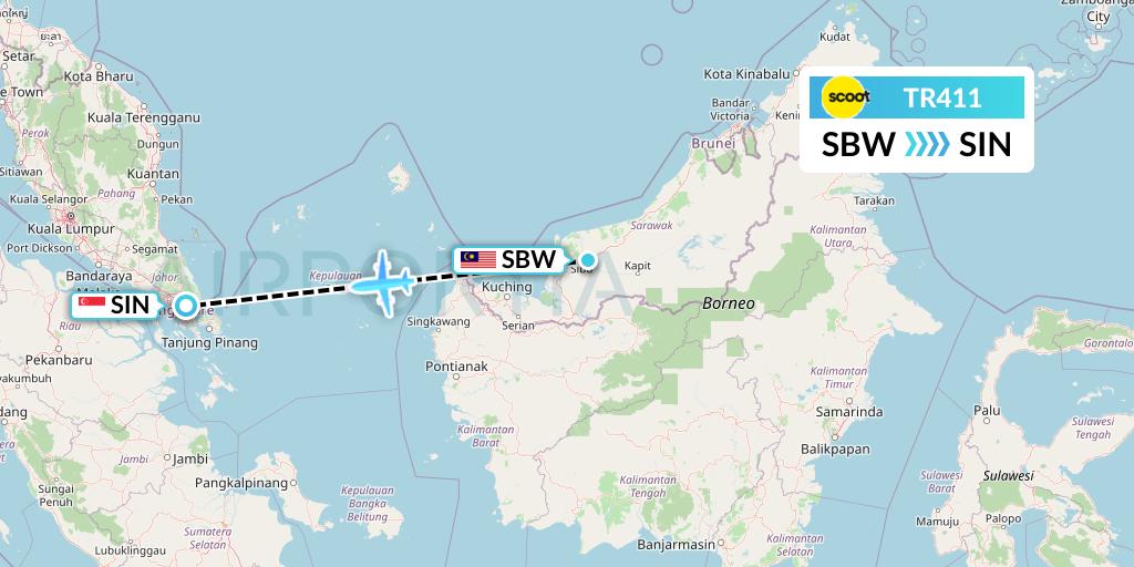 TR411 Tigerair Flight Map: Sibu to Singapore