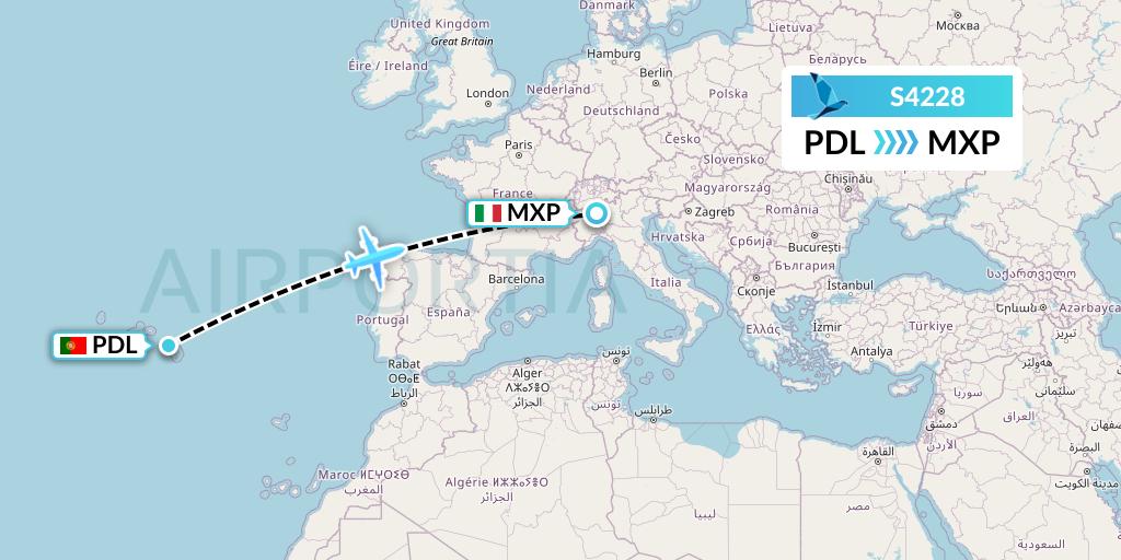S4228 Azores Airlines Flight Map: Ponta Delgada to Milan