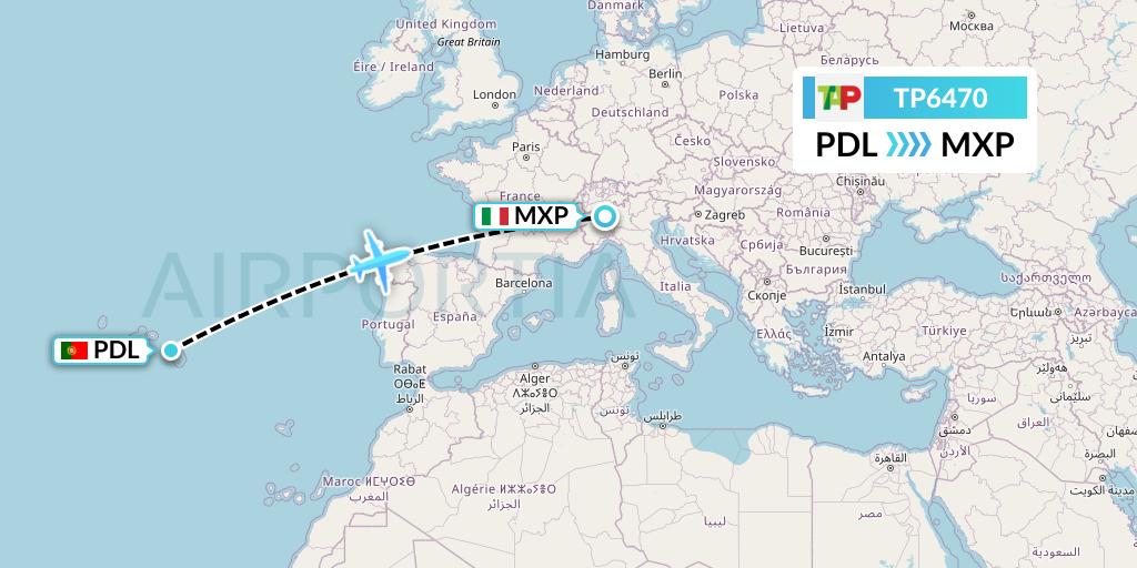 TP6470 TAP Portugal Flight Map: Ponta Delgada to Milan
