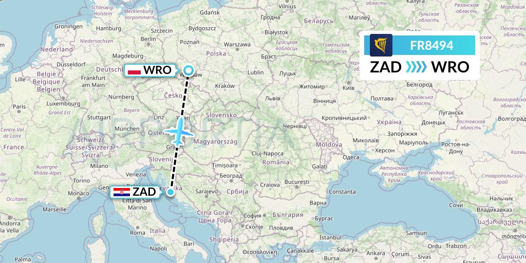 FR8494 Ryanair Flight Map: Zadar to Wroclaw
