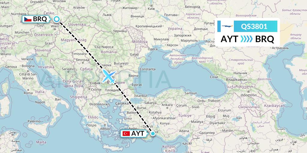 QS3801 Smartwings Flight Map: Antalya to Brno