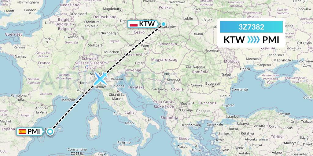 3Z7382 Travel Service Polska Flight Map: Katowice to Palma de Mallorca