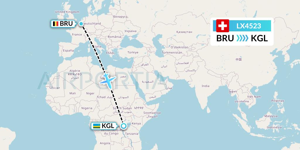 LX4523 Swiss Flight Map: Brussels to Kigali