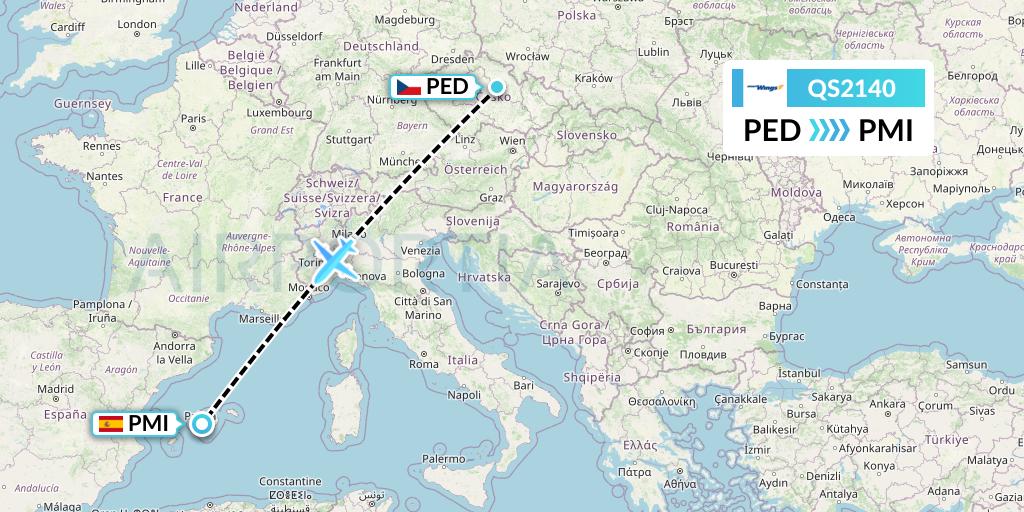 QS2140 Smartwings Flight Map: Pardubice to Palma de Mallorca