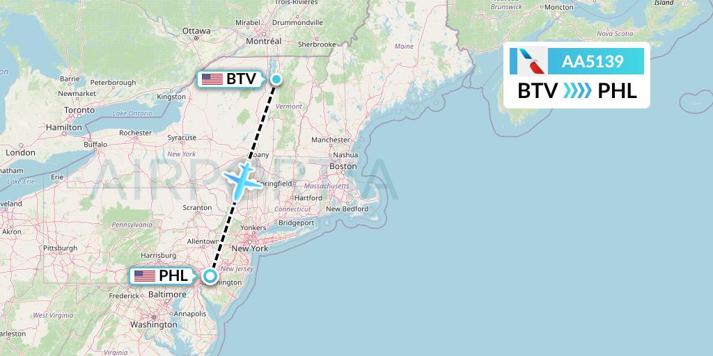 AA5139 American Airlines Flight Map: Burlington to Philadelphia
