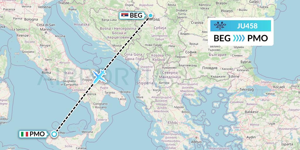 JU458 AirSERBIA Flight Map: Belgrade to Palermo