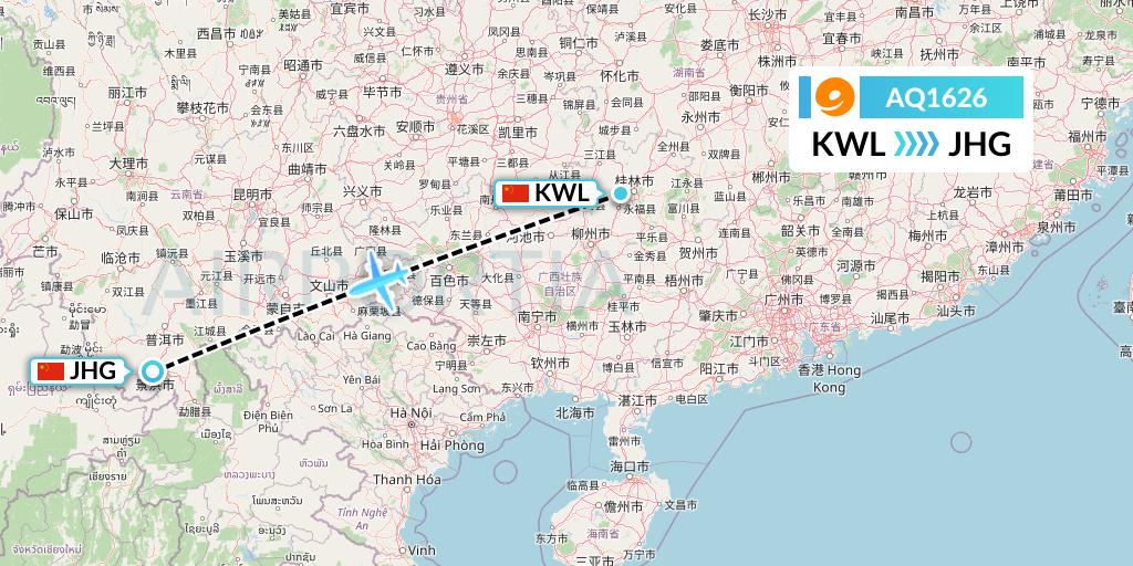 AQ1626 9 Air Flight Map: Guilin to Jinghong
