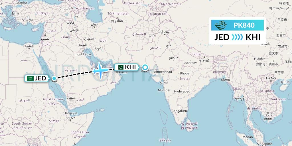 PK840 Pakistan International Airlines Flight Map: Jeddah to Karachi