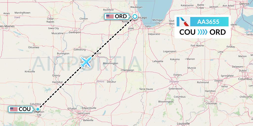 AA3655 American Airlines Flight Map: Columbia to Chicago