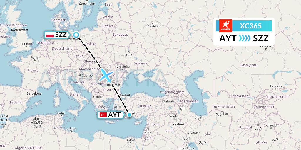 XC365 Corendon Airlines Flight Map: Antalya to Szczecin