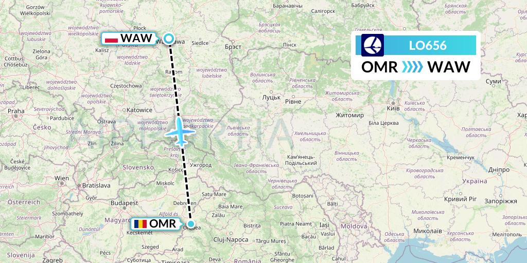 LO656 LOT Flight Map: Oradea to Warsaw