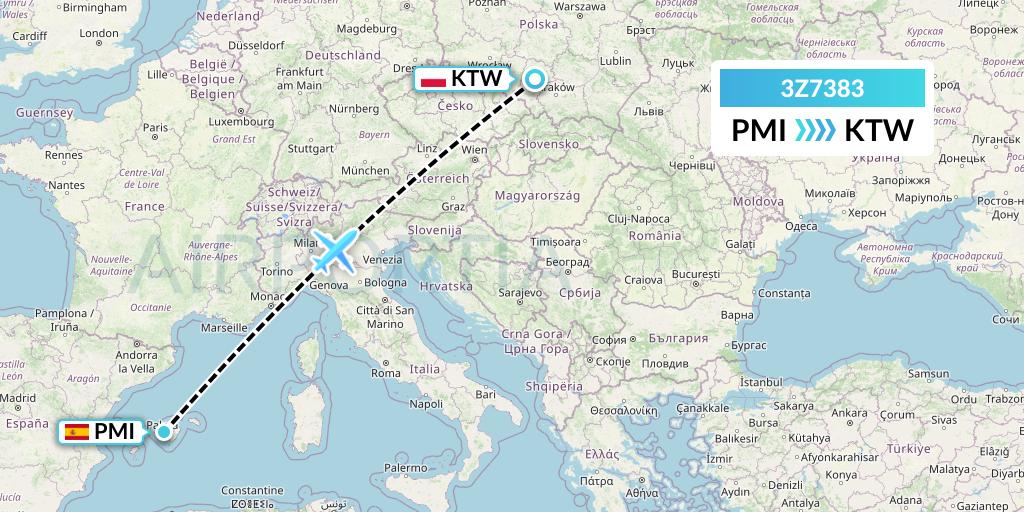 3Z7383 Travel Service Polska Flight Map: Palma de Mallorca to Katowice