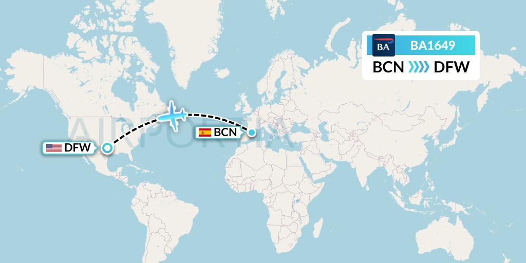 BA1649 British Airways Flight Map: Barcelona to Dallas