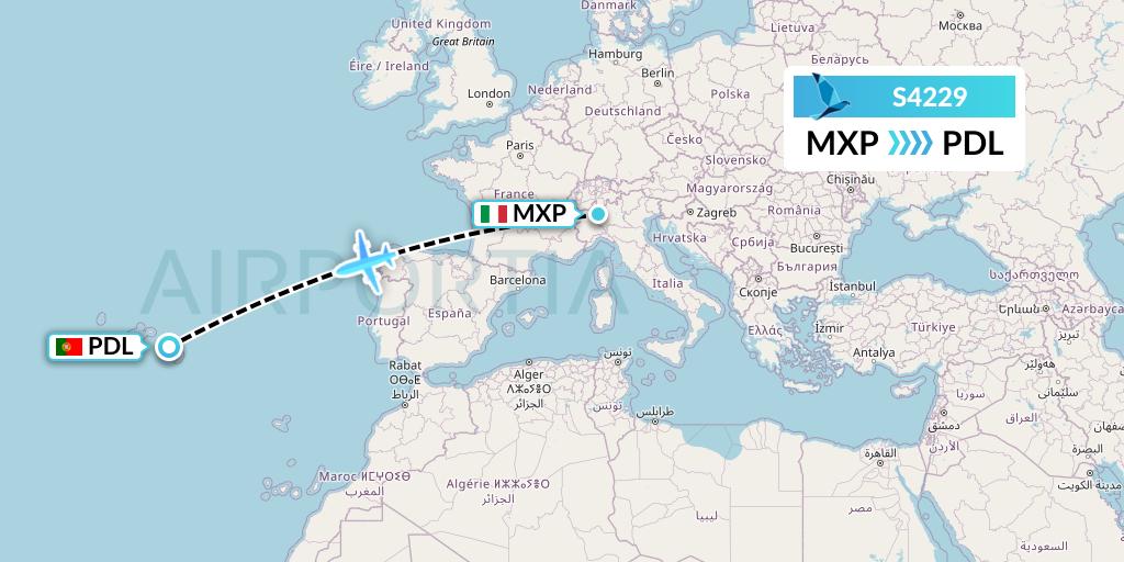 S4229 Azores Airlines Flight Map: Milan to Ponta Delgada