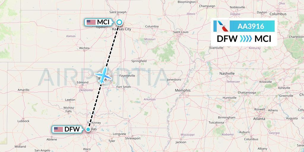 AA3916 American Airlines Flight Map: Dallas to Kansas City