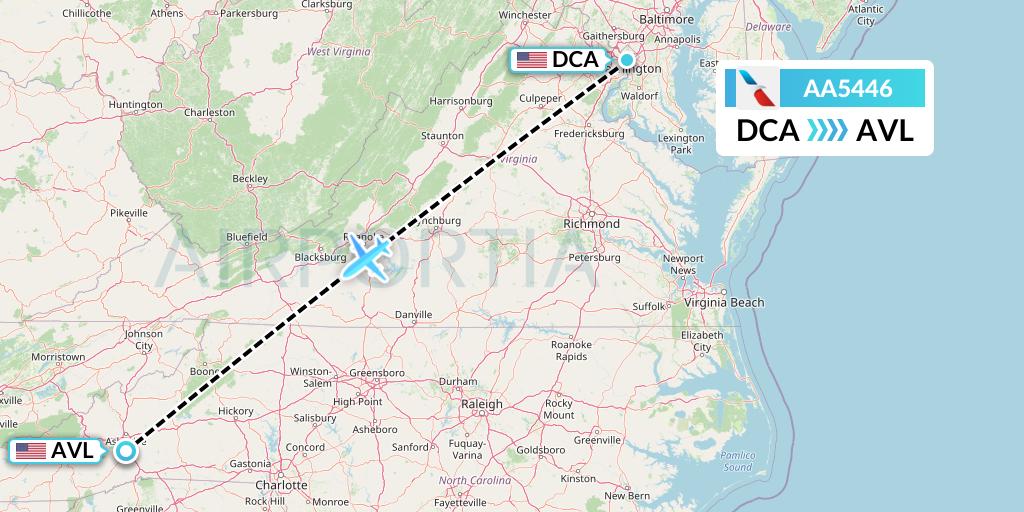 AA5446 American Airlines Flight Map: Washington to Asheville