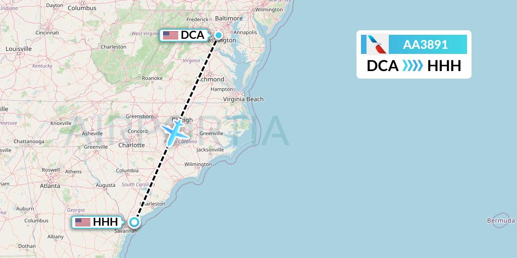 AA3891 American Airlines Flight Map: Washington to Hilton Head Island