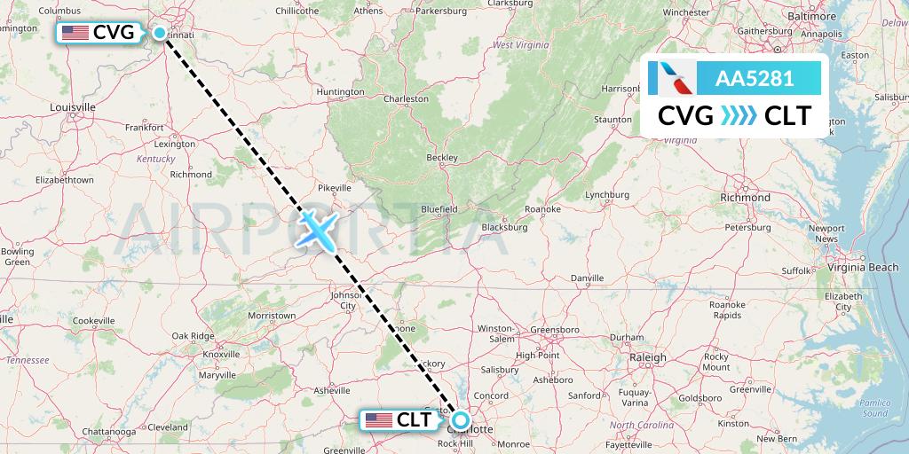 AA5281 American Airlines Flight Map: Cincinnati to Charlotte