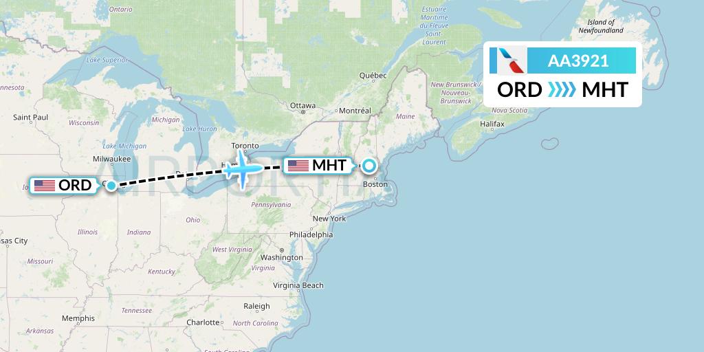 AA3921 American Airlines Flight Map: Chicago to Manchester