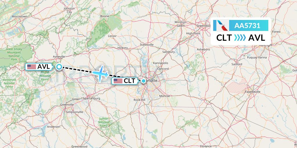 AA5731 American Airlines Flight Map: Charlotte to Asheville