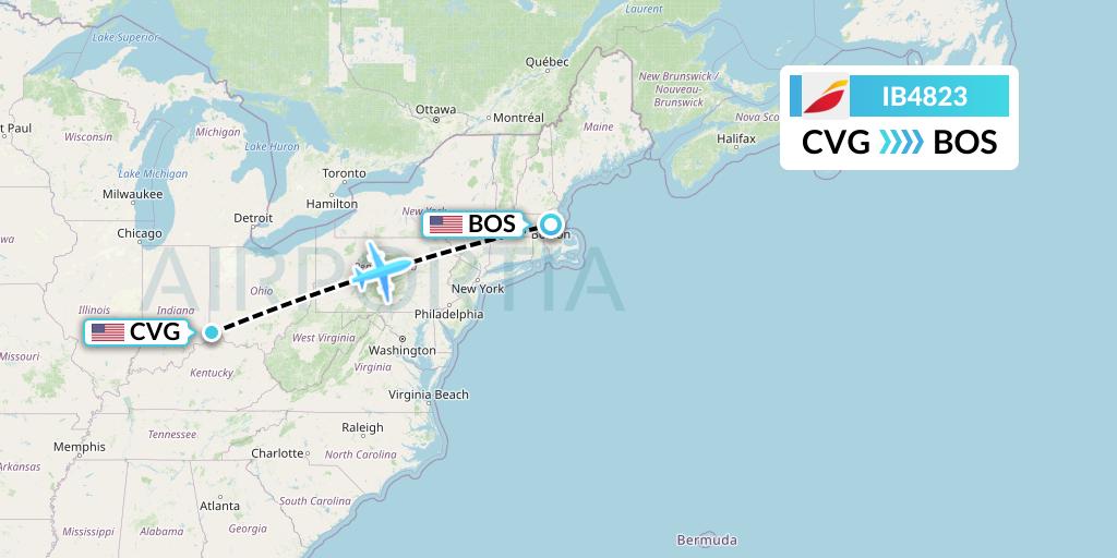 IB4823 Iberia Flight Map: Cincinnati to Boston