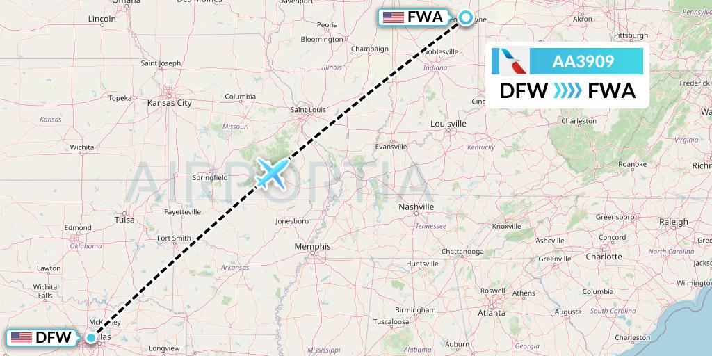 AA3909 American Airlines Flight Map: Dallas to Fort Wayne