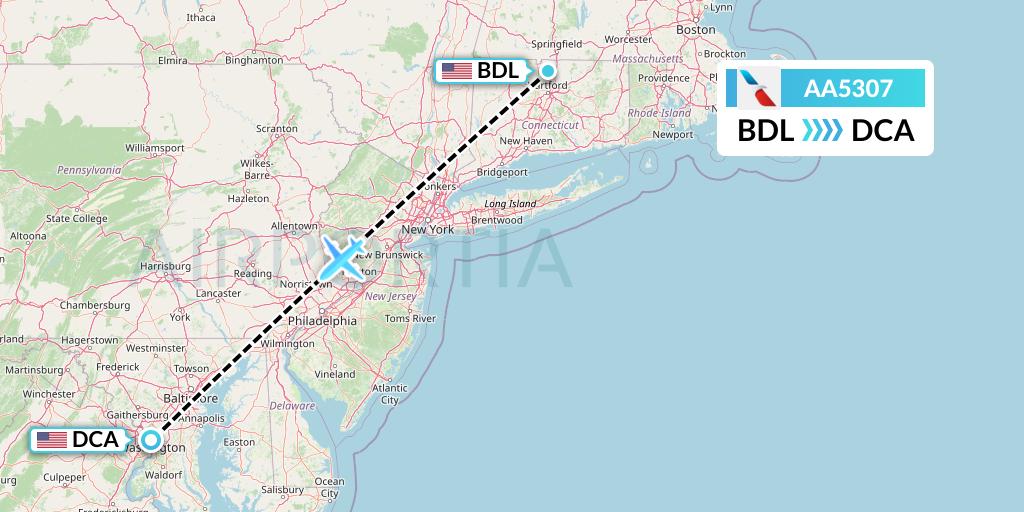 AA5307 American Airlines Flight Map: Windsor Locks to Washington