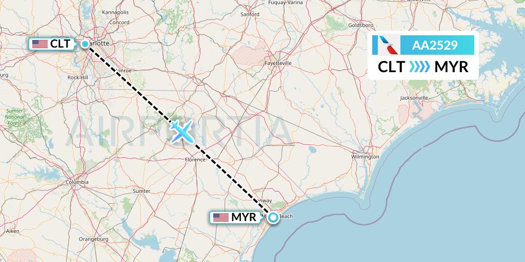 AA2529 American Airlines Flight Map: Charlotte to Myrtle Beach
