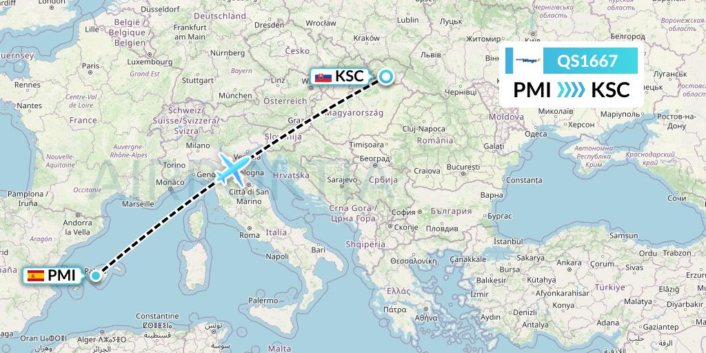 QS1667 Smartwings Flight Map: Palma de Mallorca to Kosice