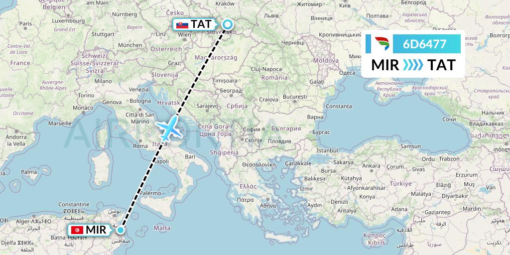 6D6477 Travel Service Slovakia Flight Map: Monastir to Poprad