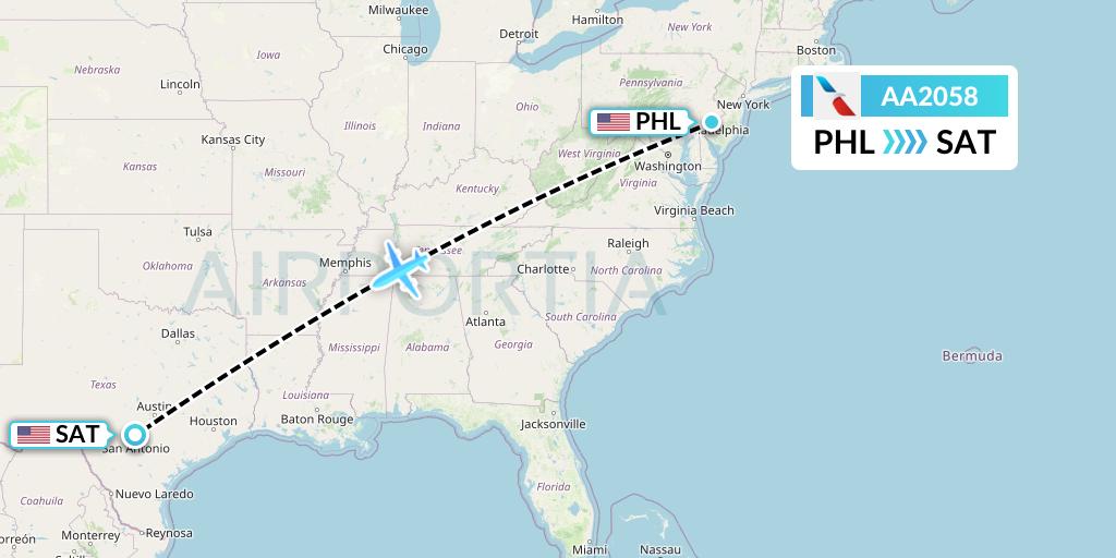 AA2058 American Airlines Flight Map: Philadelphia to San Antonio