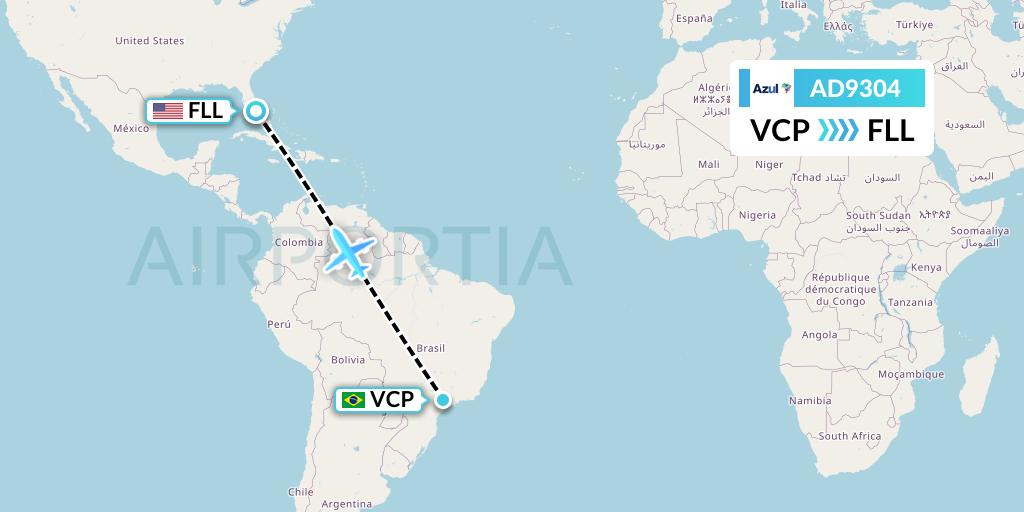 AD9304 Azul Brazilian Airlines Flight Map: Campinas to Fort Lauderdale